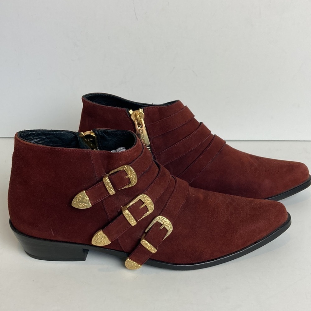 Anine Bing Witchy Western Emma Boots Burgundy Gold Triple Buckle Luxury Cowboy - Picture 3 of 16